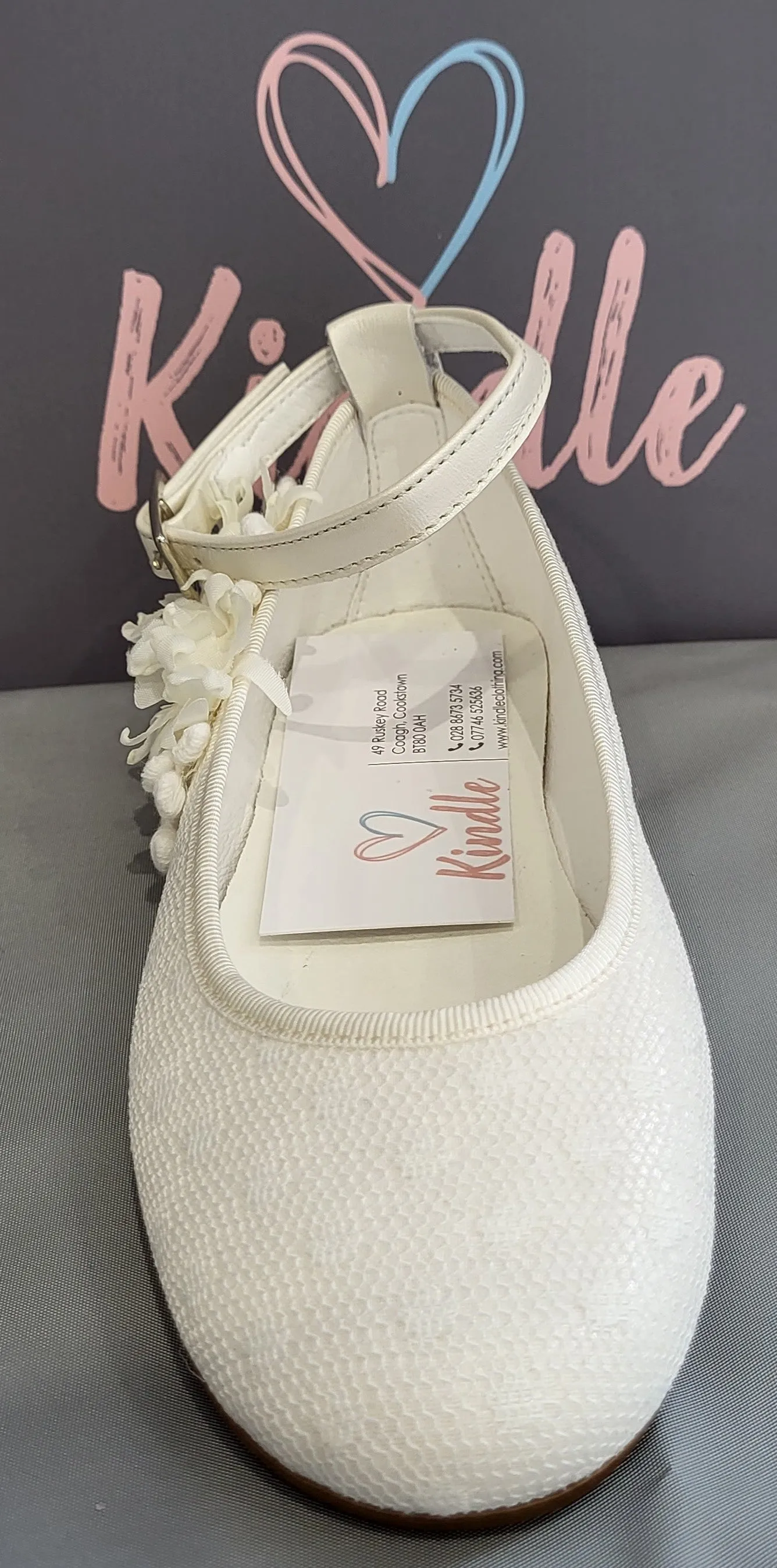 KINDLE Girls Communion Shoes:- White Polka Dot Pump With Ankle Strap