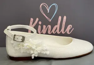 KINDLE Girls Communion Shoes:- White Polka Dot Pump With Ankle Strap