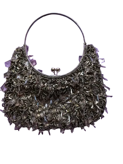 Kiss Lock Silver Beaded Evening Bag