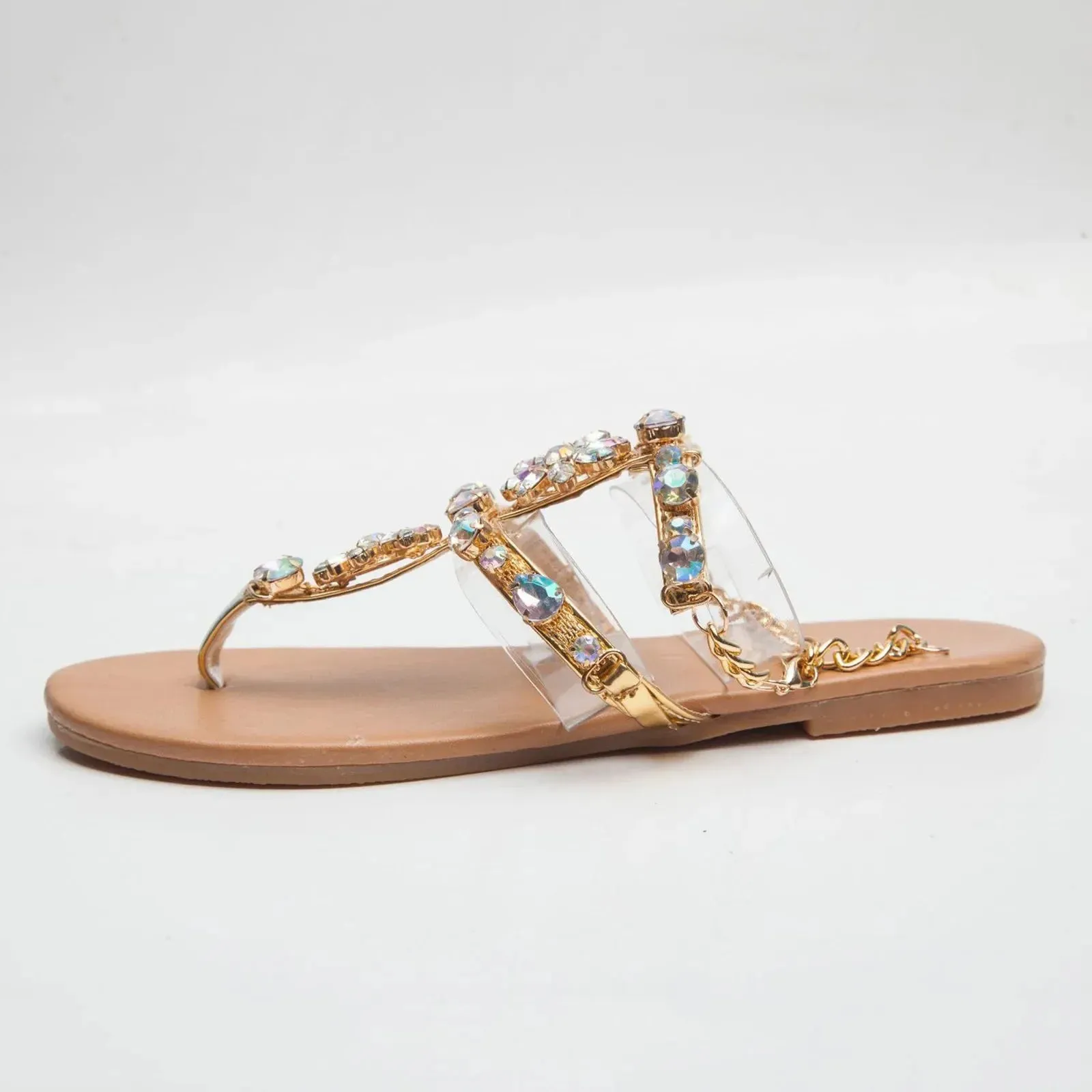 Ladies Rhinestones Sandals Summer Beach Slippers for Women Clip Toe Chain Sandals Shiny Crystal Fashion Casual Flat Bottom Shoes