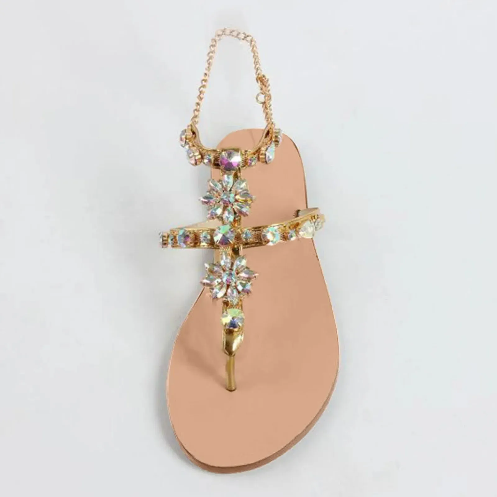 Ladies Rhinestones Sandals Summer Beach Slippers for Women Clip Toe Chain Sandals Shiny Crystal Fashion Casual Flat Bottom Shoes