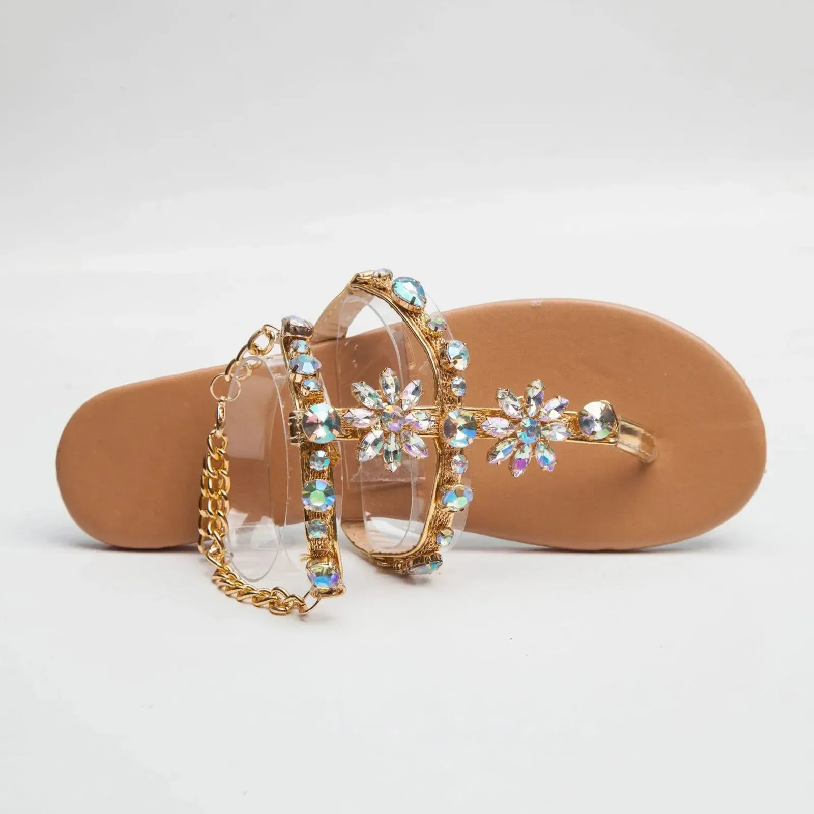 Ladies Rhinestones Sandals Summer Beach Slippers for Women Clip Toe Chain Sandals Shiny Crystal Fashion Casual Flat Bottom Shoes