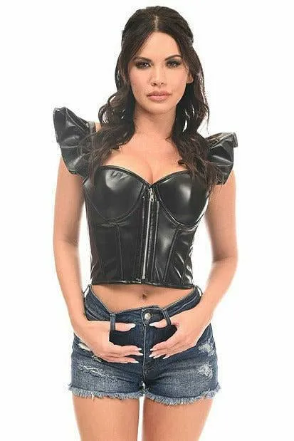 Lavish Black Faux Leather Bustier Top w/Ruffle Sleeves