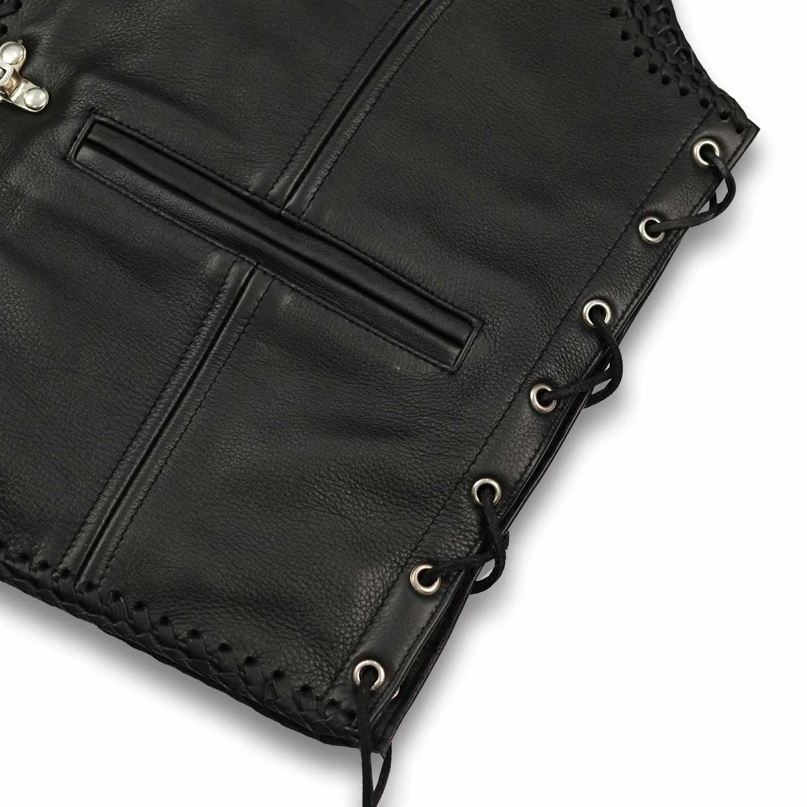 Leatherick Short Body Fish Hook Leather Waistcoat with Side Laces