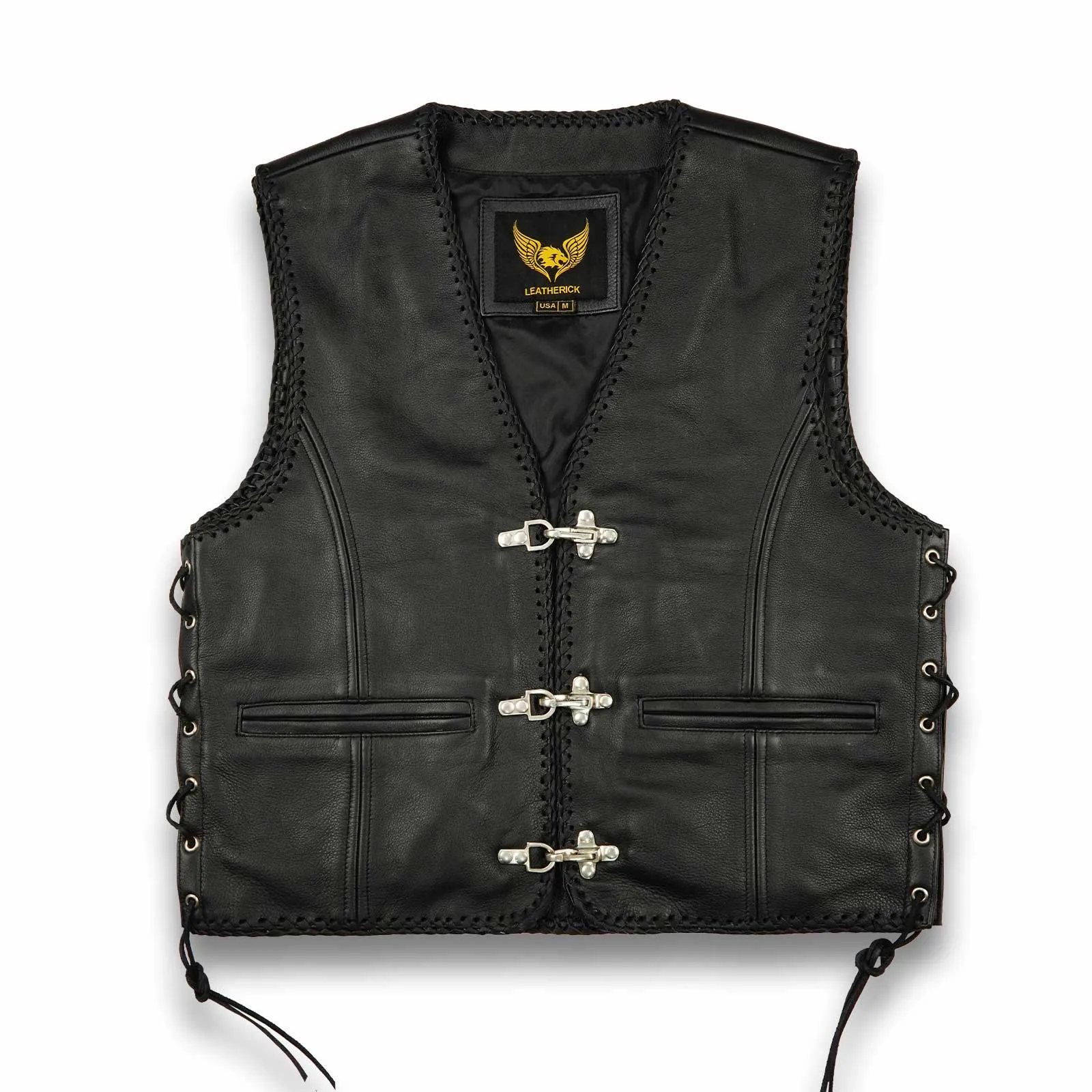 Leatherick Short Body Fish Hook Leather Waistcoat with Side Laces