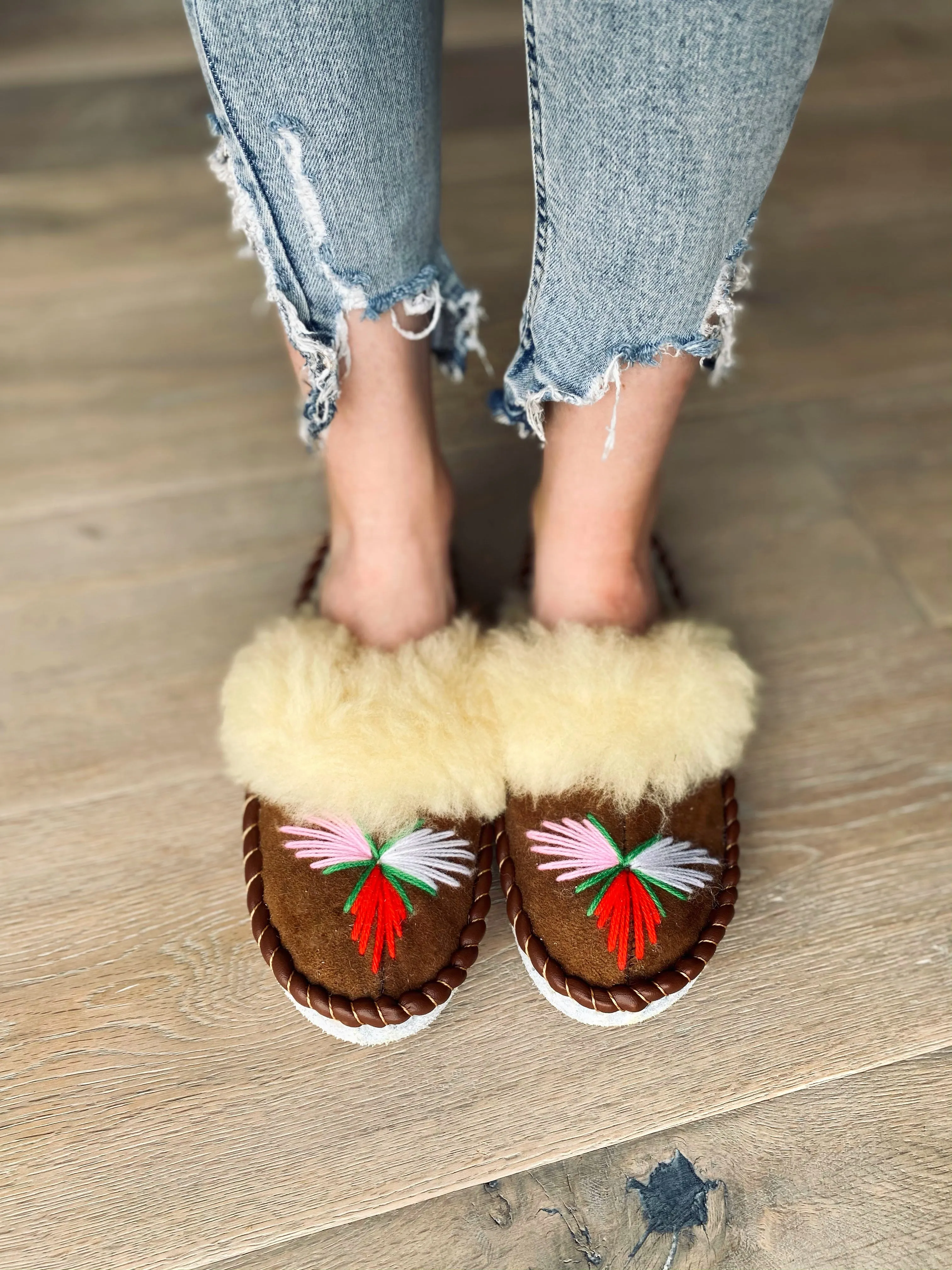 Natural Fur Brown Range Embroidered Slip on Slippers Lucky Dip