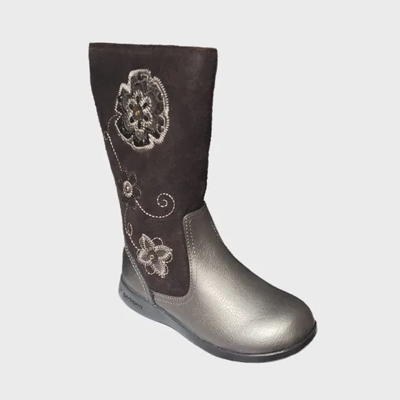 NEW pediped Kid Paula Bronze &amp; Chocolate Brown Embroidered Tall Zip Up Boot
