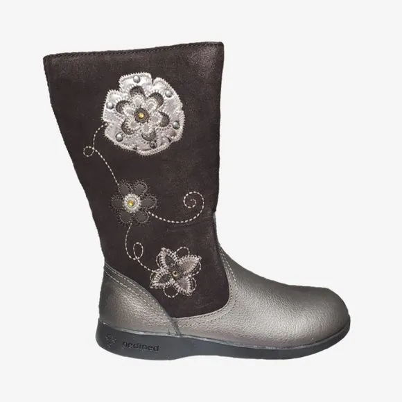NEW pediped Kid Paula Bronze &amp; Chocolate Brown Embroidered Tall Zip Up Boot