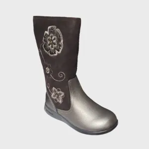 NEW pediped Kid Paula Bronze &amp; Chocolate Brown Embroidered Tall Zip Up Boot