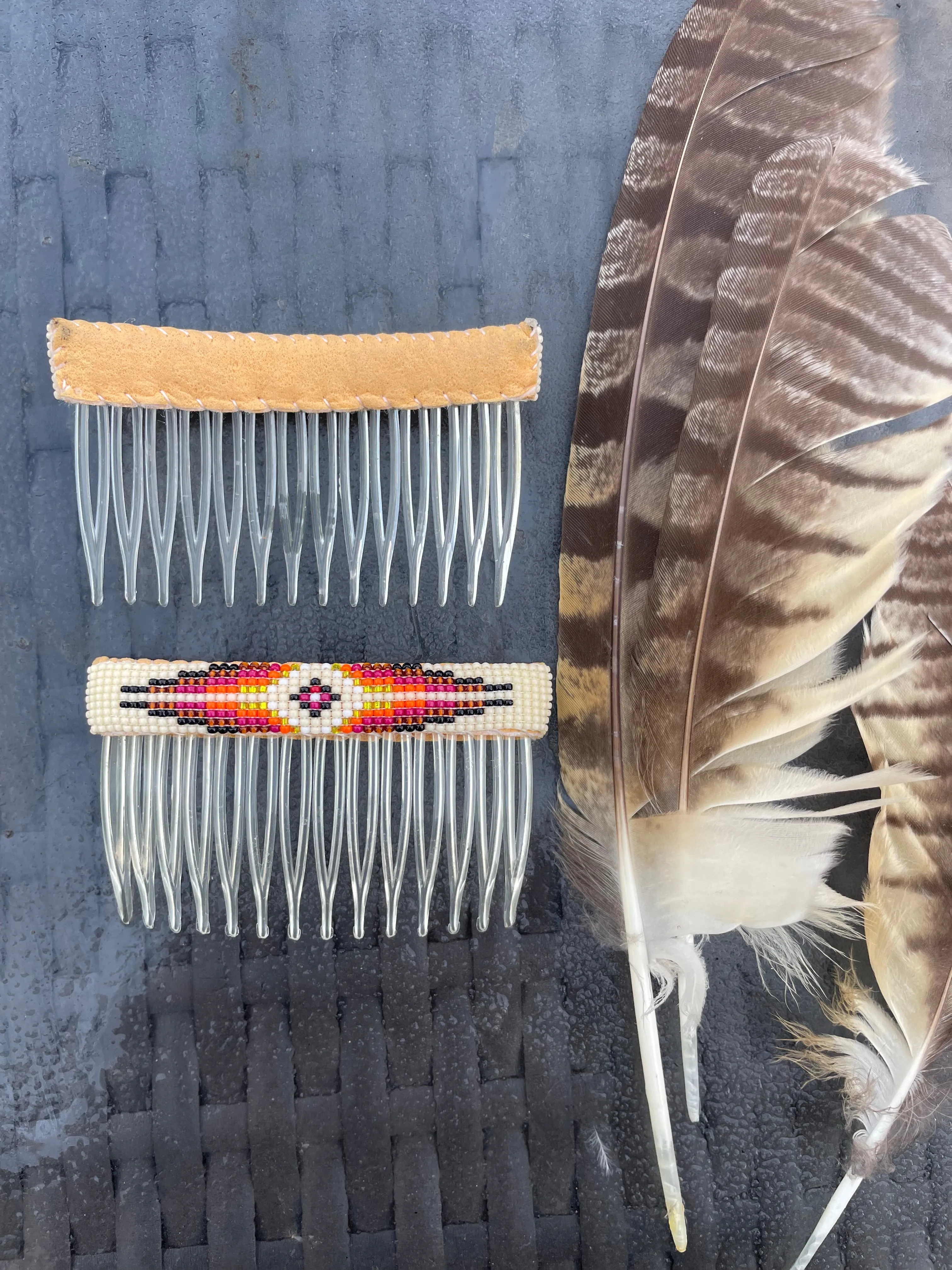 Pair Hand-beaded Hair Combs with Native American Design