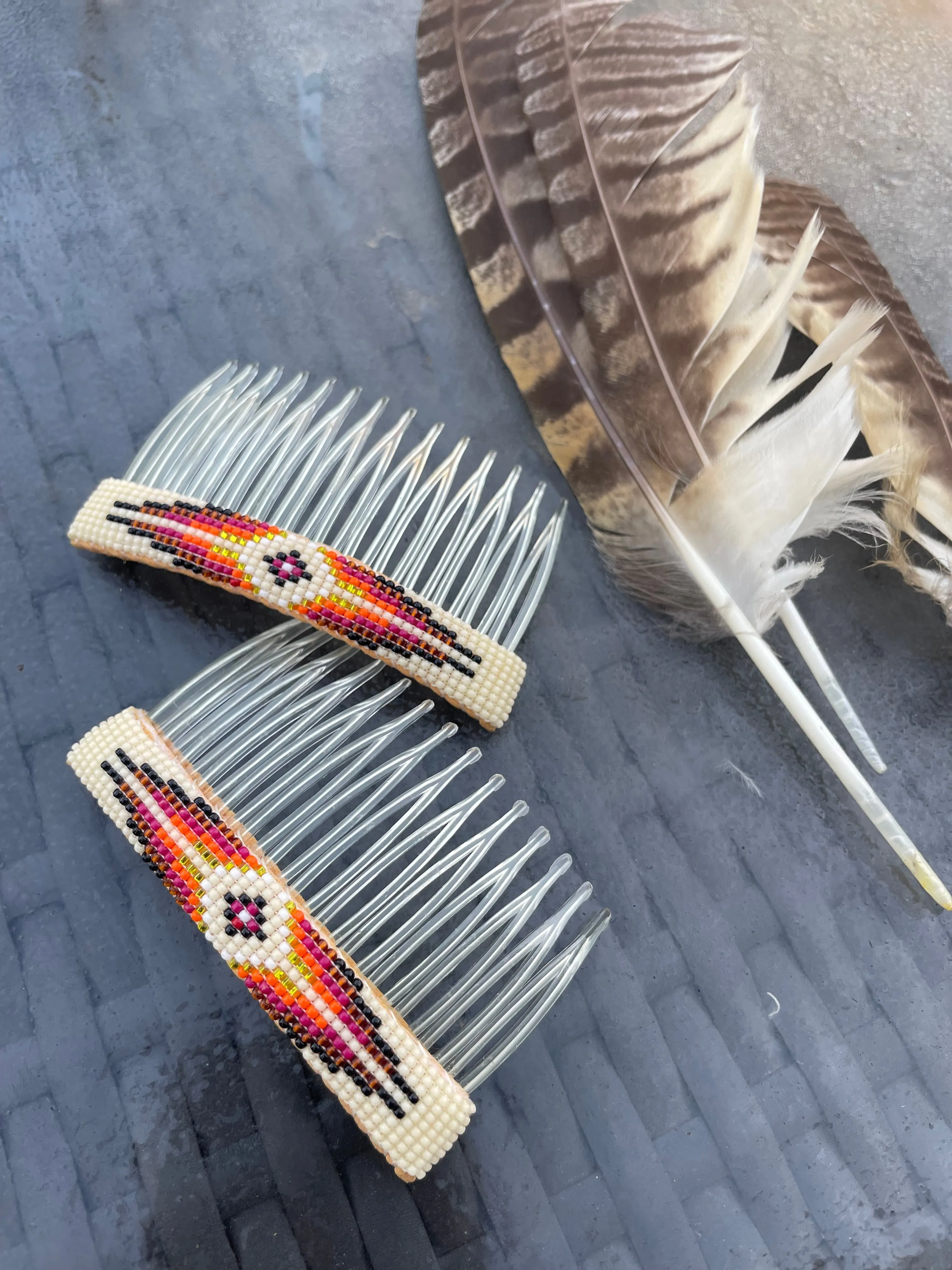 Pair Hand-beaded Hair Combs with Native American Design