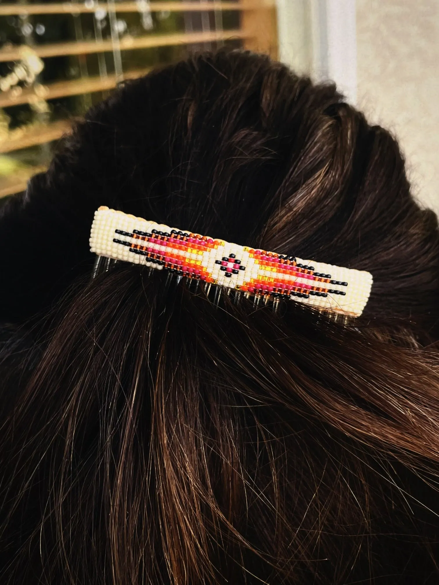 Pair Hand-beaded Hair Combs with Native American Design