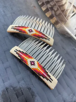 Pair Hand-beaded Hair Combs with Native American Design
