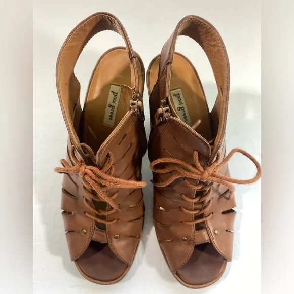Paul Green Cosmo Peep Toe Lace Up &amp; Zip Brown Bootie women’s size 7.5