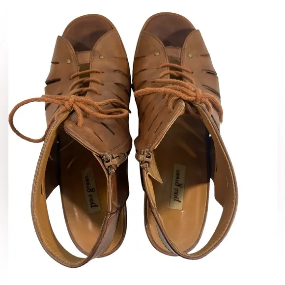 Paul Green Cosmo Peep Toe Lace Up &amp; Zip Brown Bootie women’s size 7.5