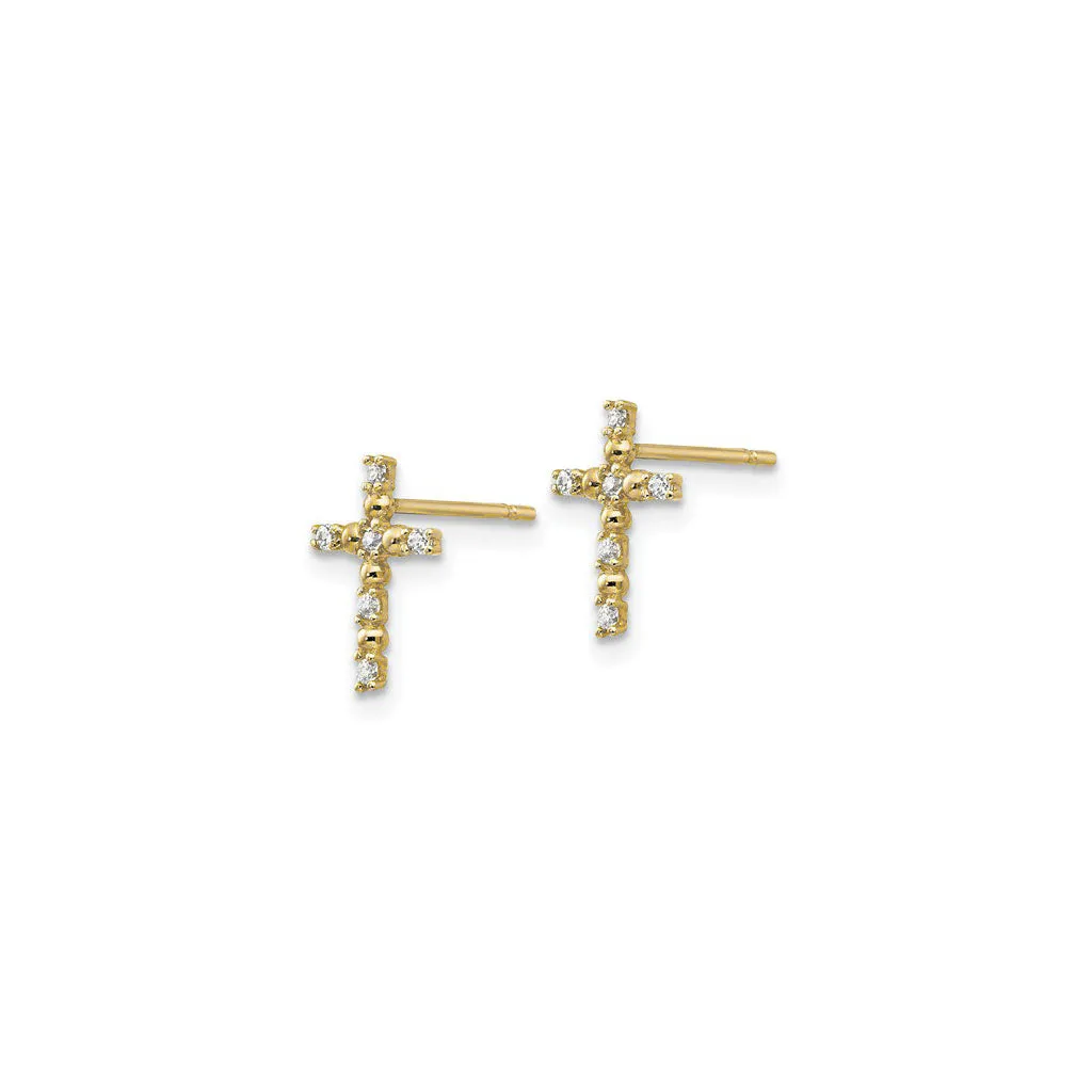 Petite White CZ Beady Cross Stud Earrings (14K)