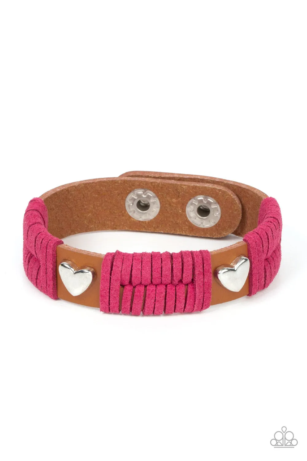 "Lusting for Wanderlust" Brown Leather, Pink Suede & Silver Heart Snap Bracelet