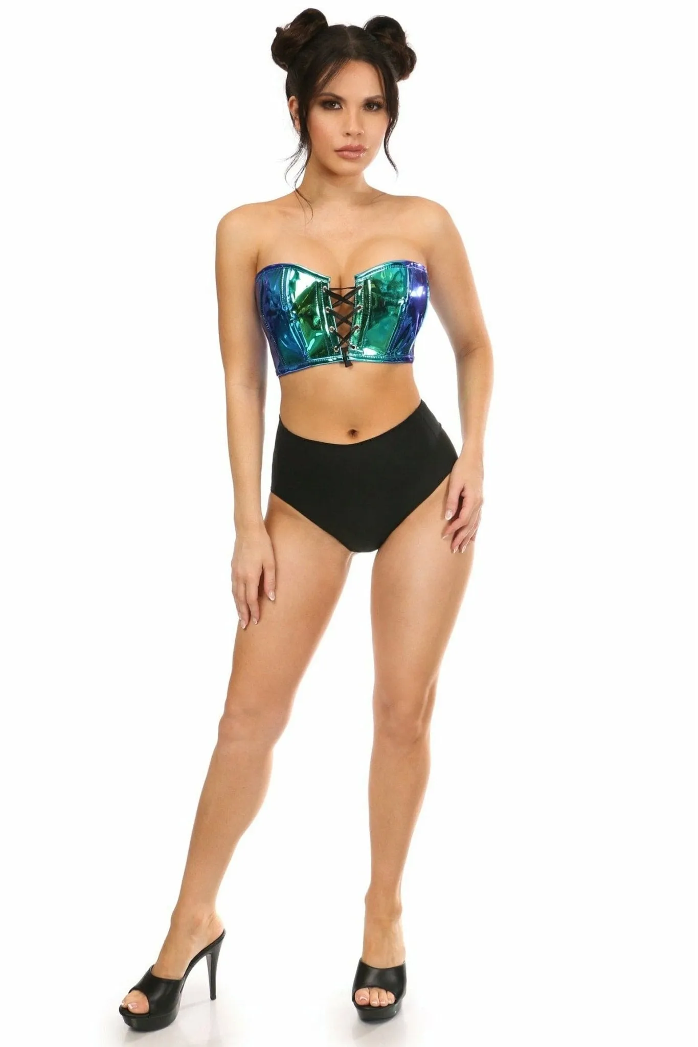 Sexy Teal With Blue Holo Lace-Up Short Bustier Top
