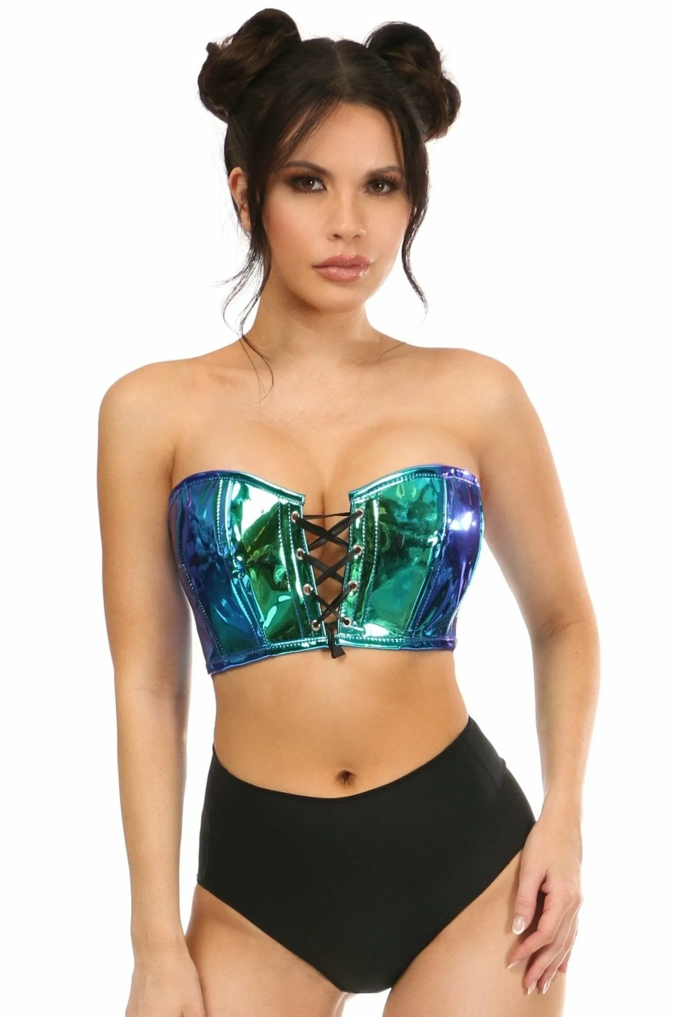 Sexy Teal With Blue Holo Lace-Up Short Bustier Top