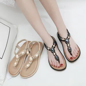 Stretchy Ankle Strap Sandals with Decorative Stitching and Rhinestones