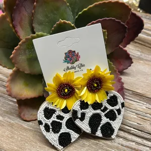 Sunflower and Cowprint Heart Earrings