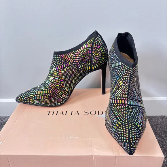 Thalia Sodi Women's 7M Black Karmen Iridescent Crystal Ankle Booties NWT