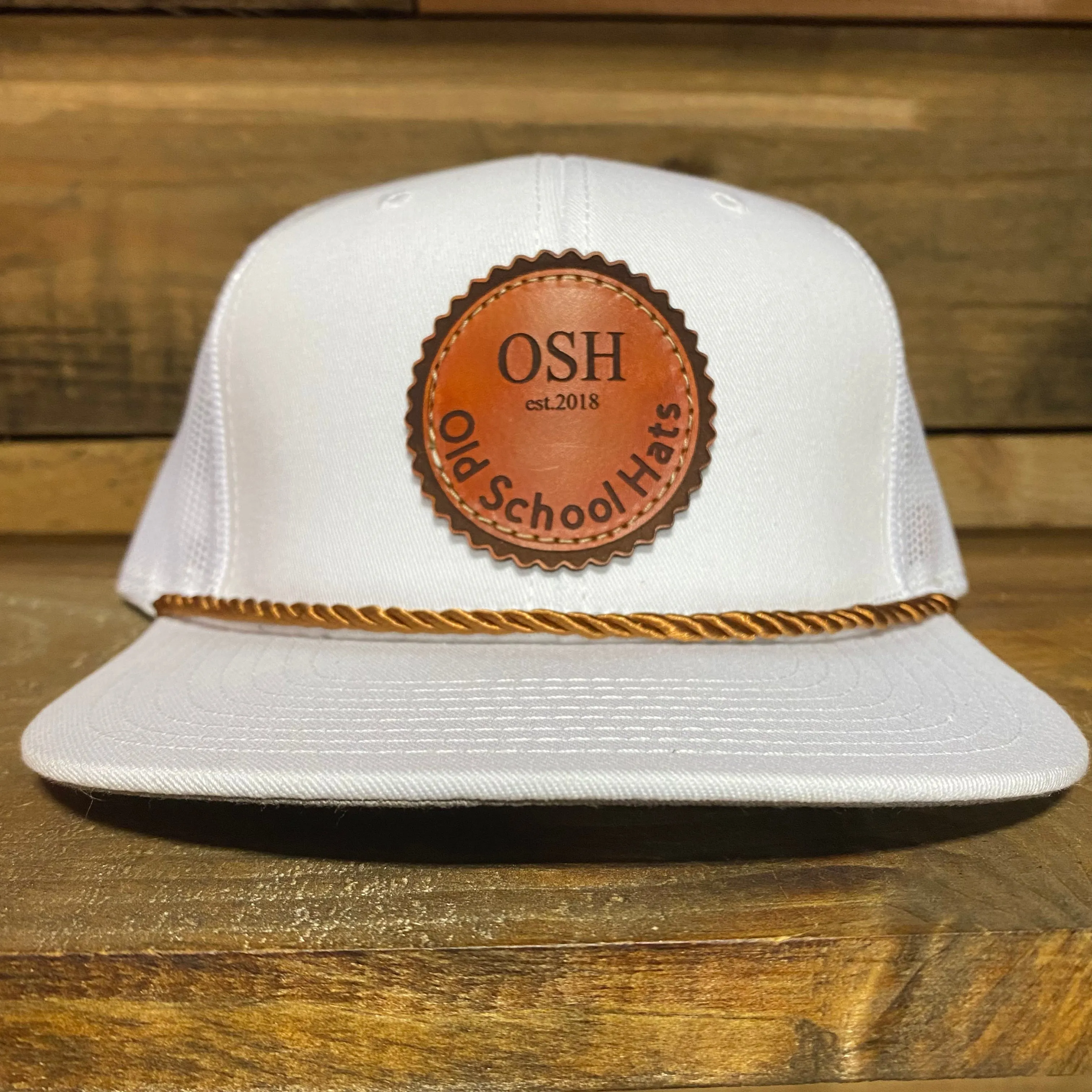The Leather Head Hat Co Custom OSH patch with gold rope white mesh Snapback hat cap