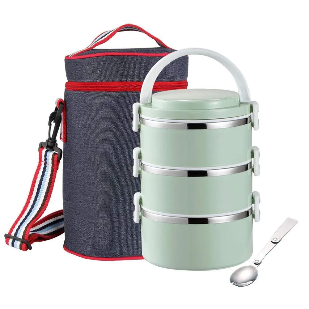 Themral Lunch Box, Arderlive Stackable Insulated 18/8 Stainless Steel Lunch Container With Denim Lunch Bag, Portable & Leakproof. (3-Green)