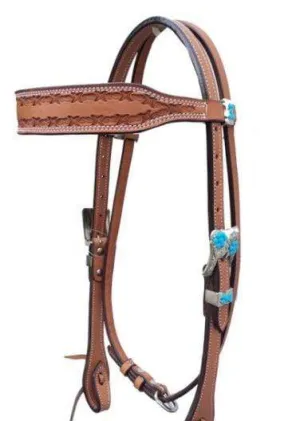 Toprail Embossed Barbed Wire Browband Bridle w/ Turquoise Conchos