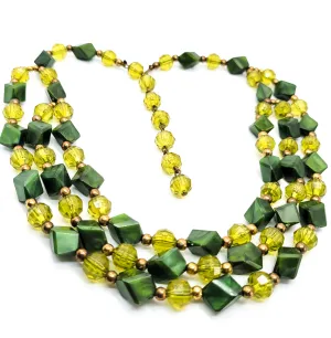 Vintage Christmas Holiday three tiered Green and gold plastic beaded bib necklace