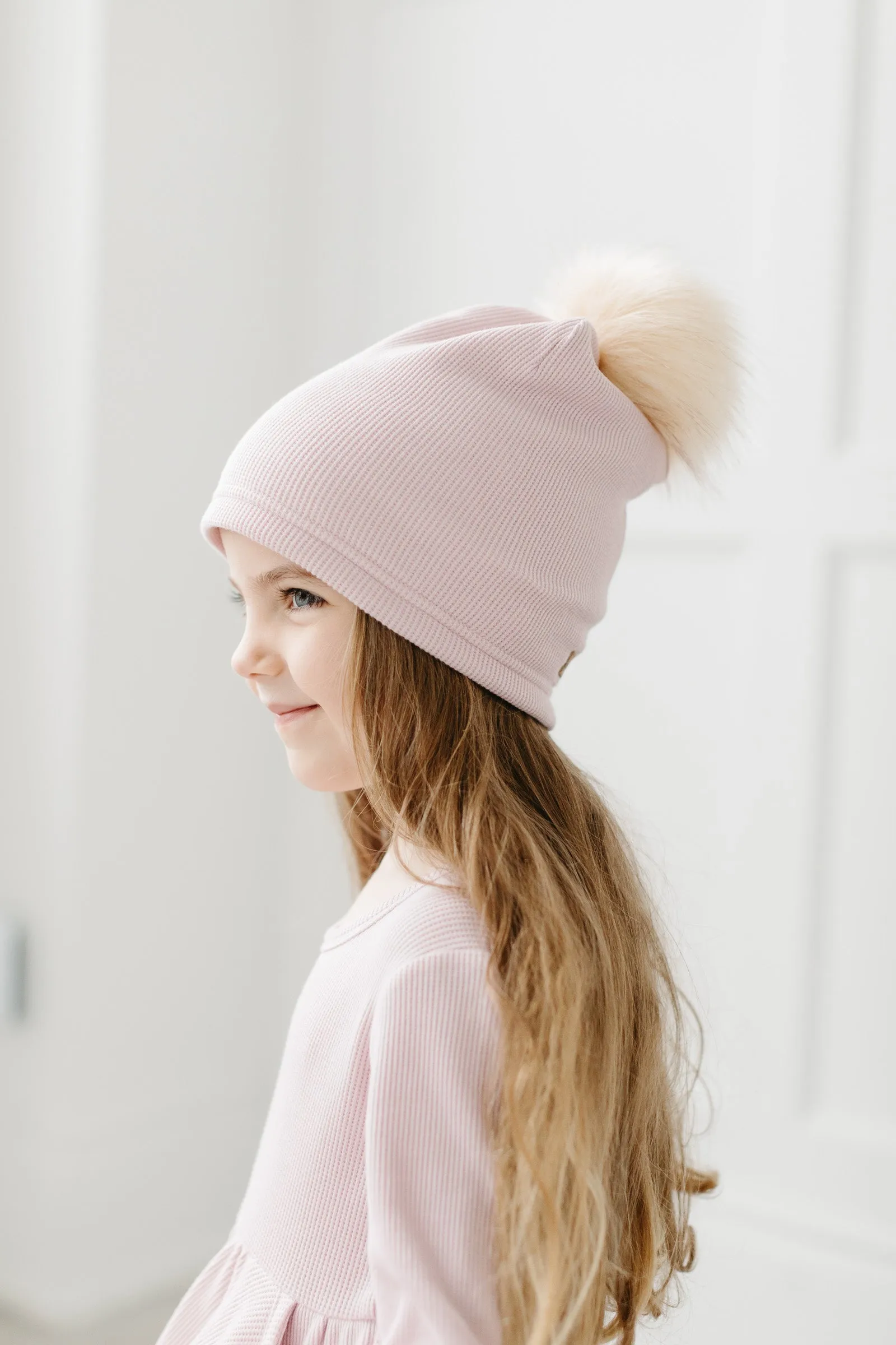 Waffle Pom Pom Hat - Blush Pink