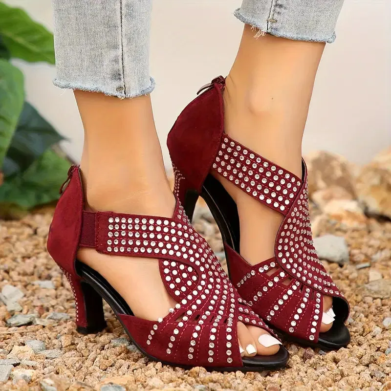 Women's Rhinestone Strappy Sandals – Mid Heel & Ankle Strap