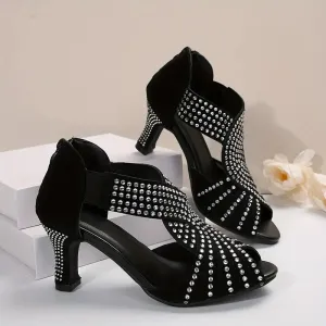 Women's Rhinestone Strappy Sandals – Mid Heel & Ankle Strap