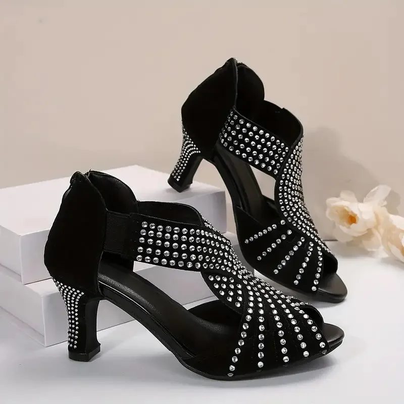 Women's Rhinestone Strappy Sandals – Mid Heel & Ankle Strap